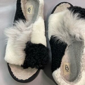 UGG Black and White Furry Flats
